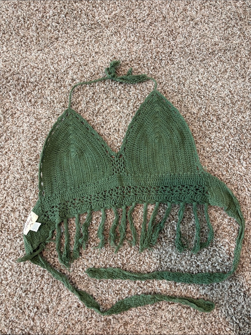 Green Crochet Fringe Halter Crop Top - Picture 3 of 3